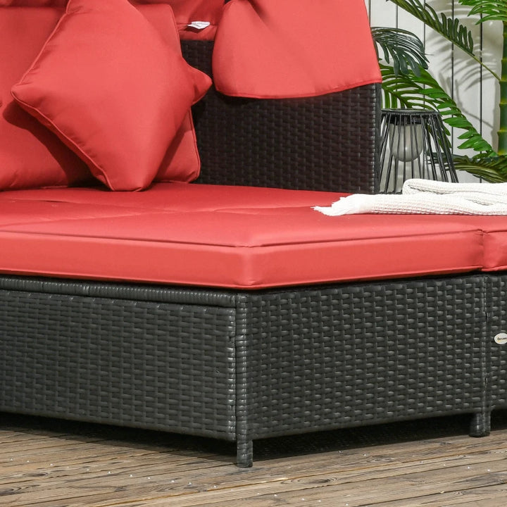2-Person Outdoor Rattan Wicker Canopy Daybed Lounge Chaise Sofa Patio Set, Cushions, Black, Red