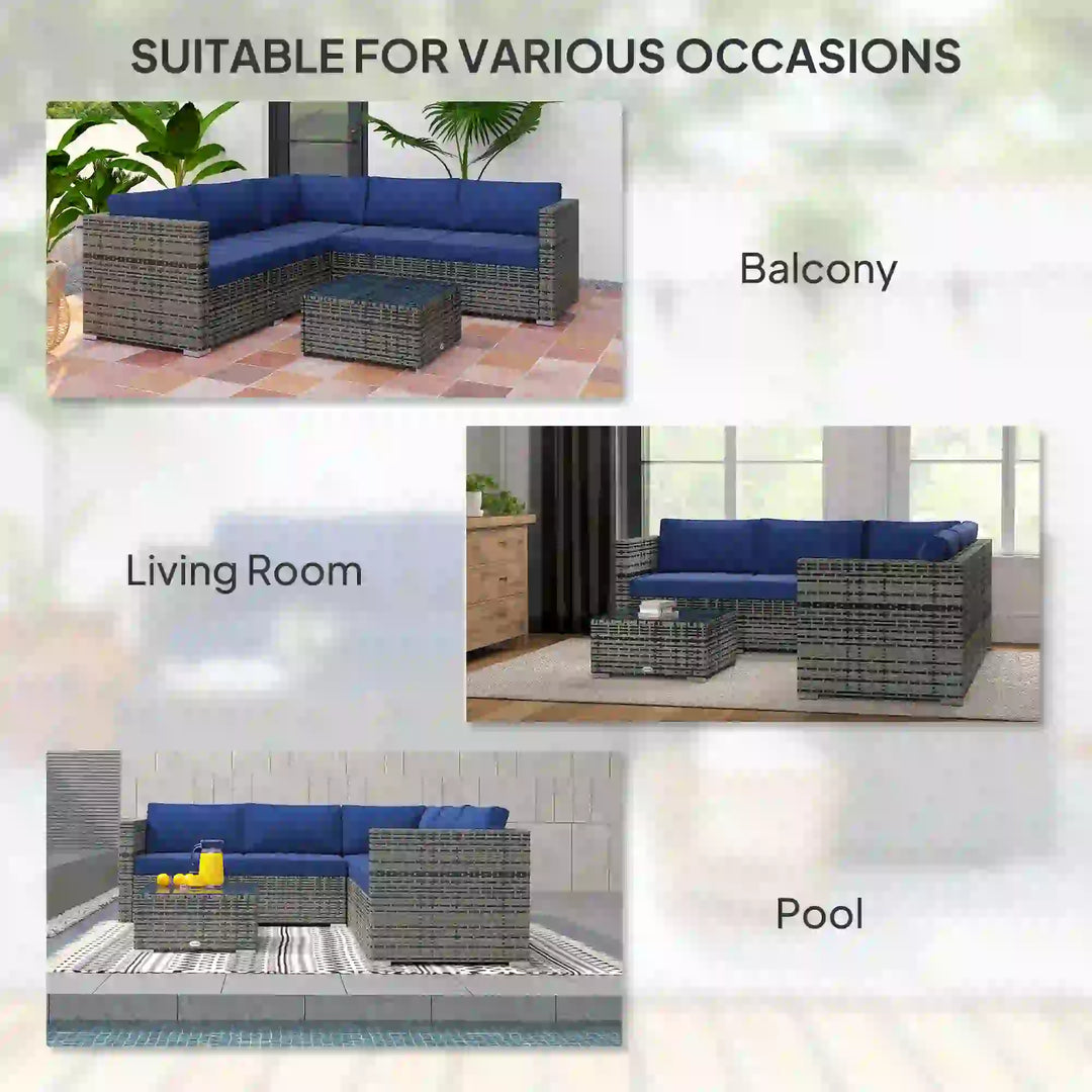 4pc L-Shape PE Rattan Wicker Corner Sectional Outdoor Patio Furniture Set, Cushions, Navy Blue Grey