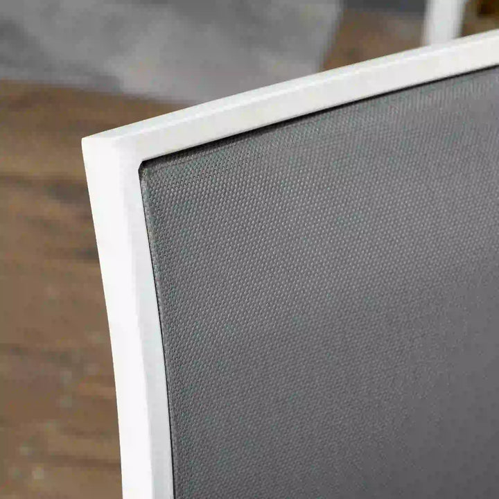 7pc, 6-Seat Steel Outdoor Patio Dining Set w Composite Tabletop, 6 Stackable Chairs, White, Grey