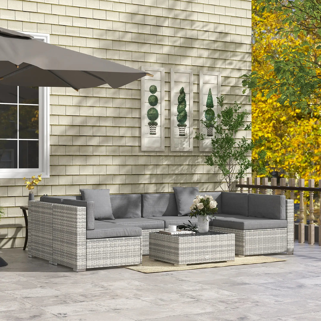 7pc 6-Seat Rattan Wicker Sectional Conversation Sofa Set w Cushions Outdoor Patio, Mixed Lt Grey