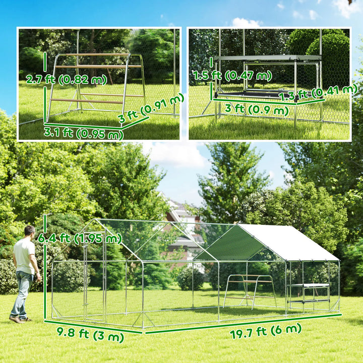 19.7' x 9.8' x 6.4' Galv Steel Chicken Run Outdoor Coop Cage Fence Shelter w Nest Box, Roosting Bar