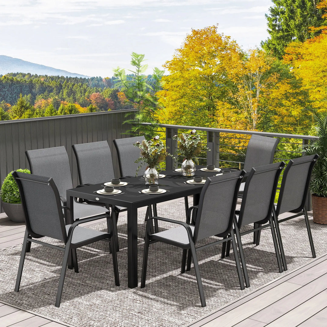 9pc 8-Seat Steel Outdoor Dining Set w Glass Tabletop, 8 Stackable Chairs, Garden Patio, Black, Grey