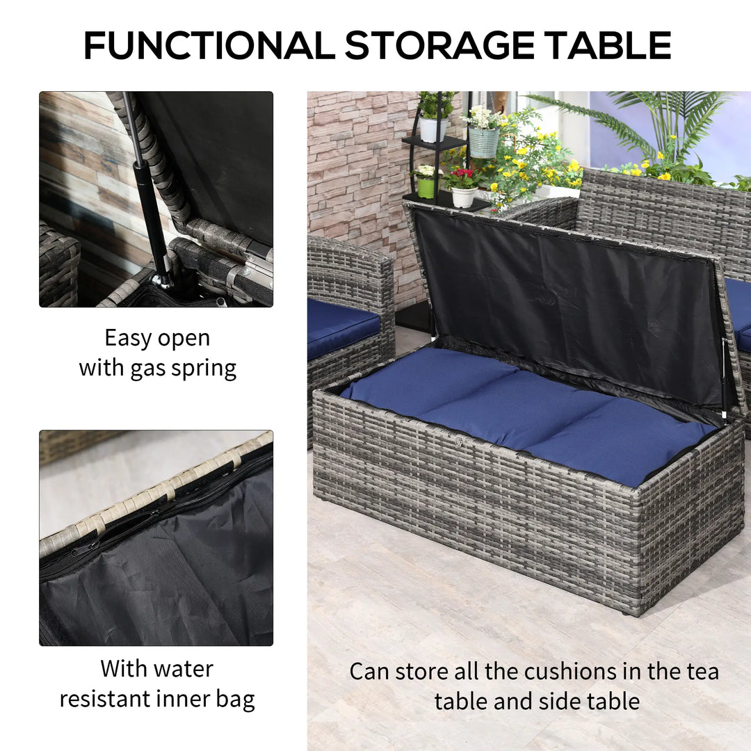 6pc 7-Seat Premium PE Rattan Wicker Conversation Outdoor Patio Set, Cushions Storage, Grey, Dk Blue