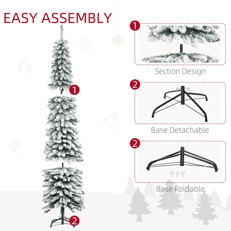 NEW 7ft 490-Tip Ultra Slim Snow Flocked Pencil Artificial Christmas Holiday Fake Xmas Tree, Green