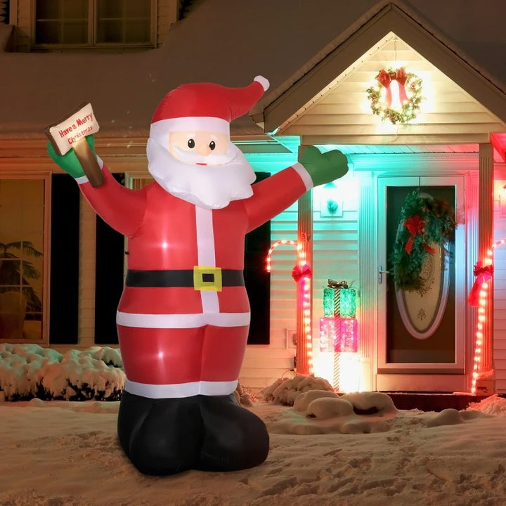 8ft Inflatable LED Holiday Christmas Outdoor Blow Up Decoration, Waving Santa, Merry Xmas Sign