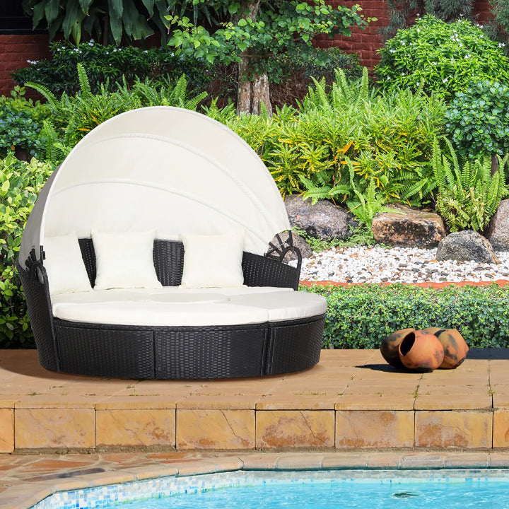 4pc PE Rattan Wicker Round Canopy Daybed Lounge Outdoor Patio Sofa w Cushions, Black, Cream White