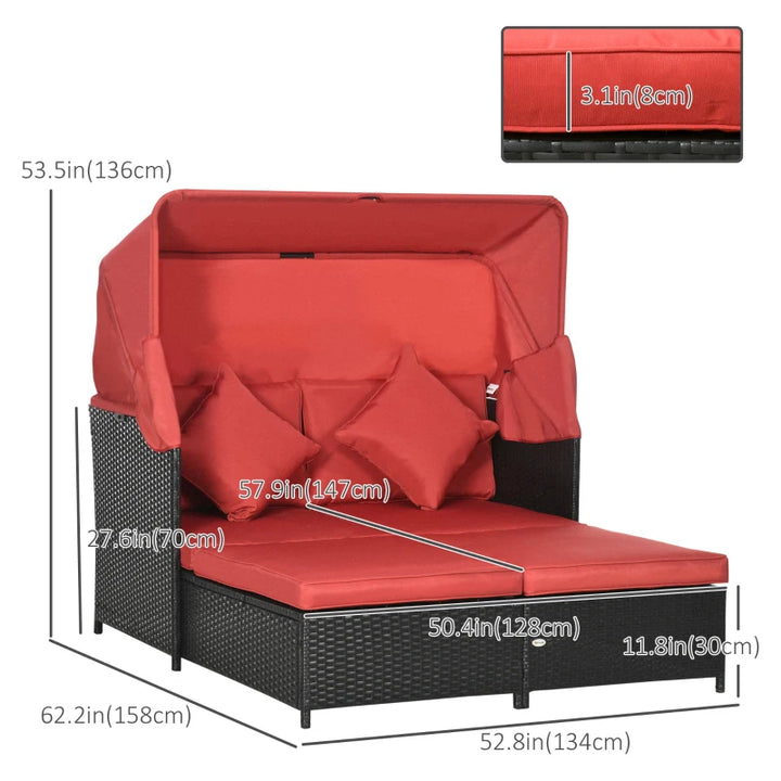 2-Person Outdoor Rattan Wicker Canopy Daybed Lounge Chaise Sofa Patio Set, Cushions, Black, Red