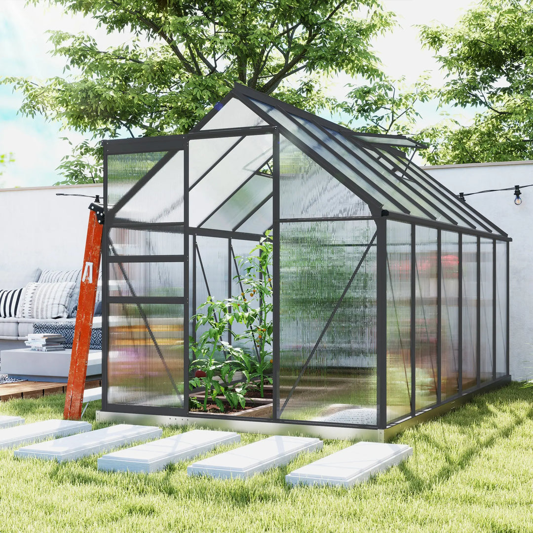 12' x 6' x 6.5' Walk-in Grey Aluminum PC Hard Side Greenhouse w Foundation Outdoor Plants Gardening