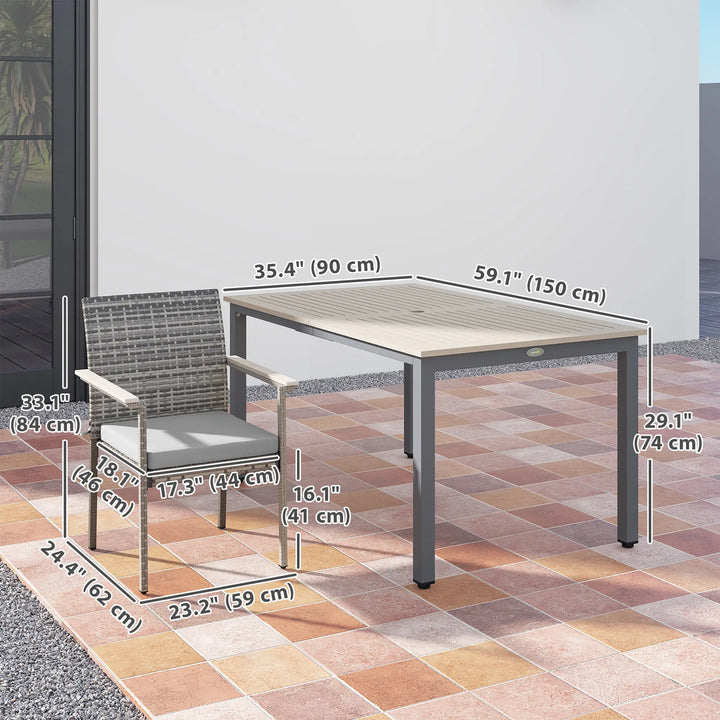 7pc, 6-Seat Rattan Wicker Compact Dining Set w Wood Tabletop, Cushions for Outdoor Deck Patio, Grey