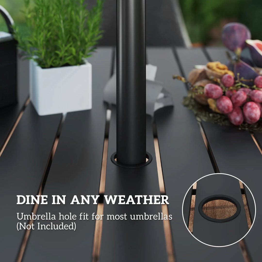 7pc, 6 Seat Chic Outdoor Patio Dining Set w Steel Slatted Table, Rattan Chairs, Umbrella Hole, Grey