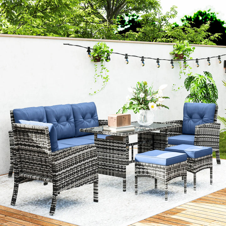 6pc PE Rattan Wicker Outdoor Dining Table Patio Sofa Furniture Set w Cushions, Ottomans, Blue, Grey