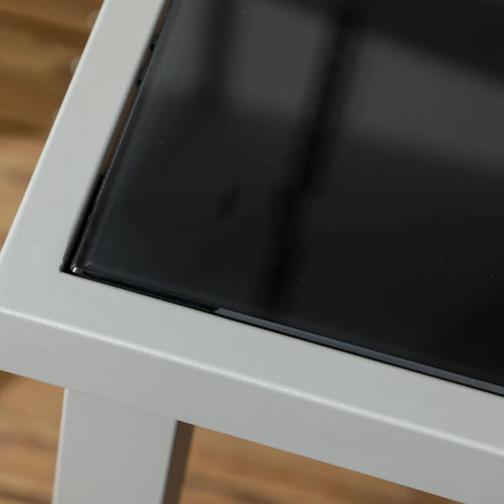 7pc, 6 Seat Outdoor Patio Dining Set w Tempered Glass Table Mesh Stackable Chairs - Black, Grey