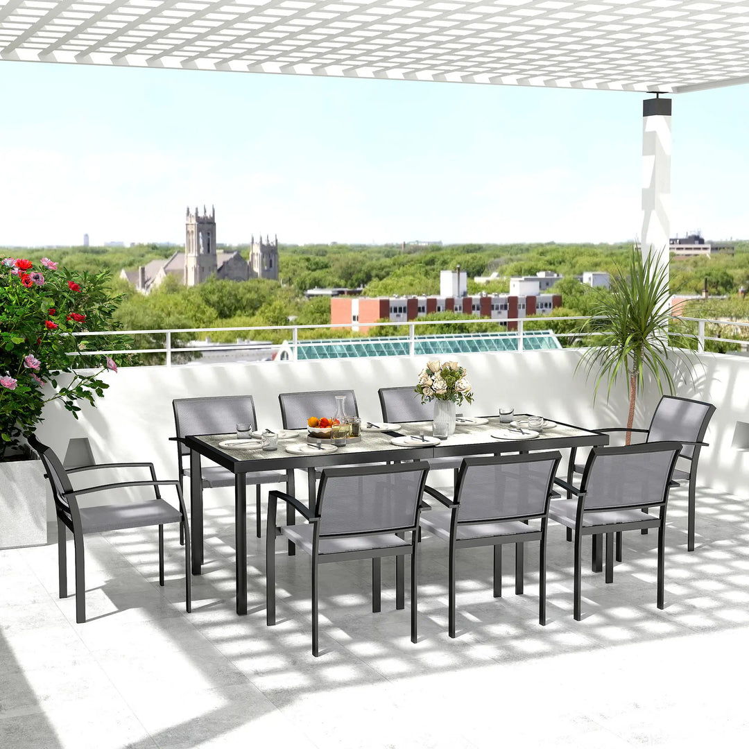 9pc 8-Seat Steel Outdoor Dining Set w Composite Tabletop, 8 Stackable Chairs for Garden Patio, Grey