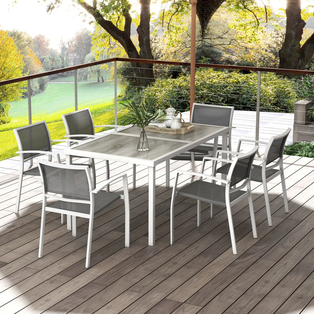 7pc, 6-Seat Steel Outdoor Patio Dining Set w Composite Tabletop, 6 Stackable Chairs, White, Grey