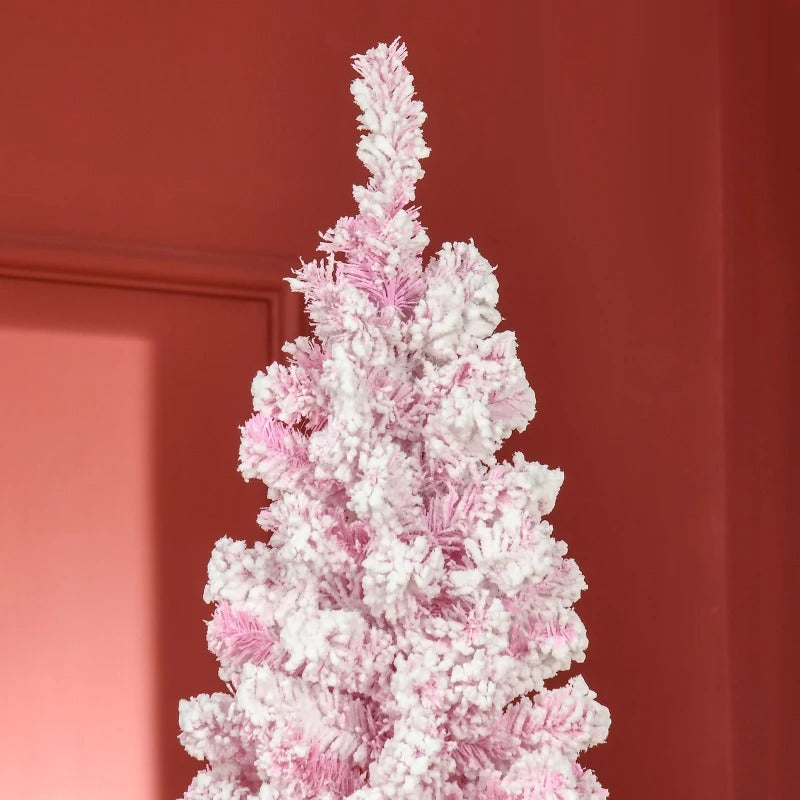 7.5ft 800-Tip Snow Flocked Unlit Artificial Pencil Christmas Holiday Tree, Xmas Decor, Pink