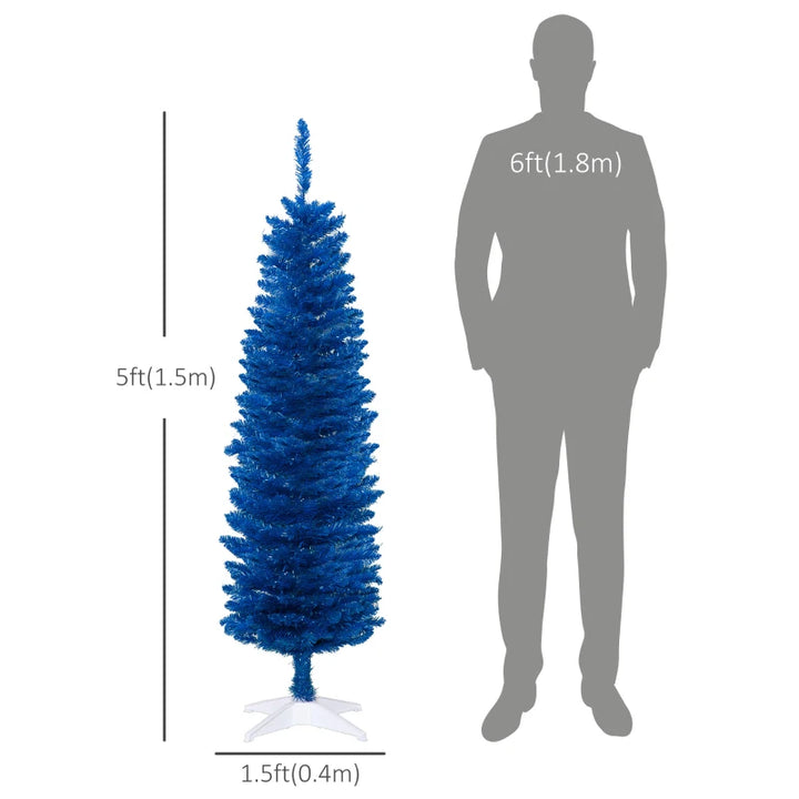 NEW 5ft 250-Tip Unlit Slim Pencil Artificial Christmas Holiday Tree w Base, Xmas Decor, Deep Blue