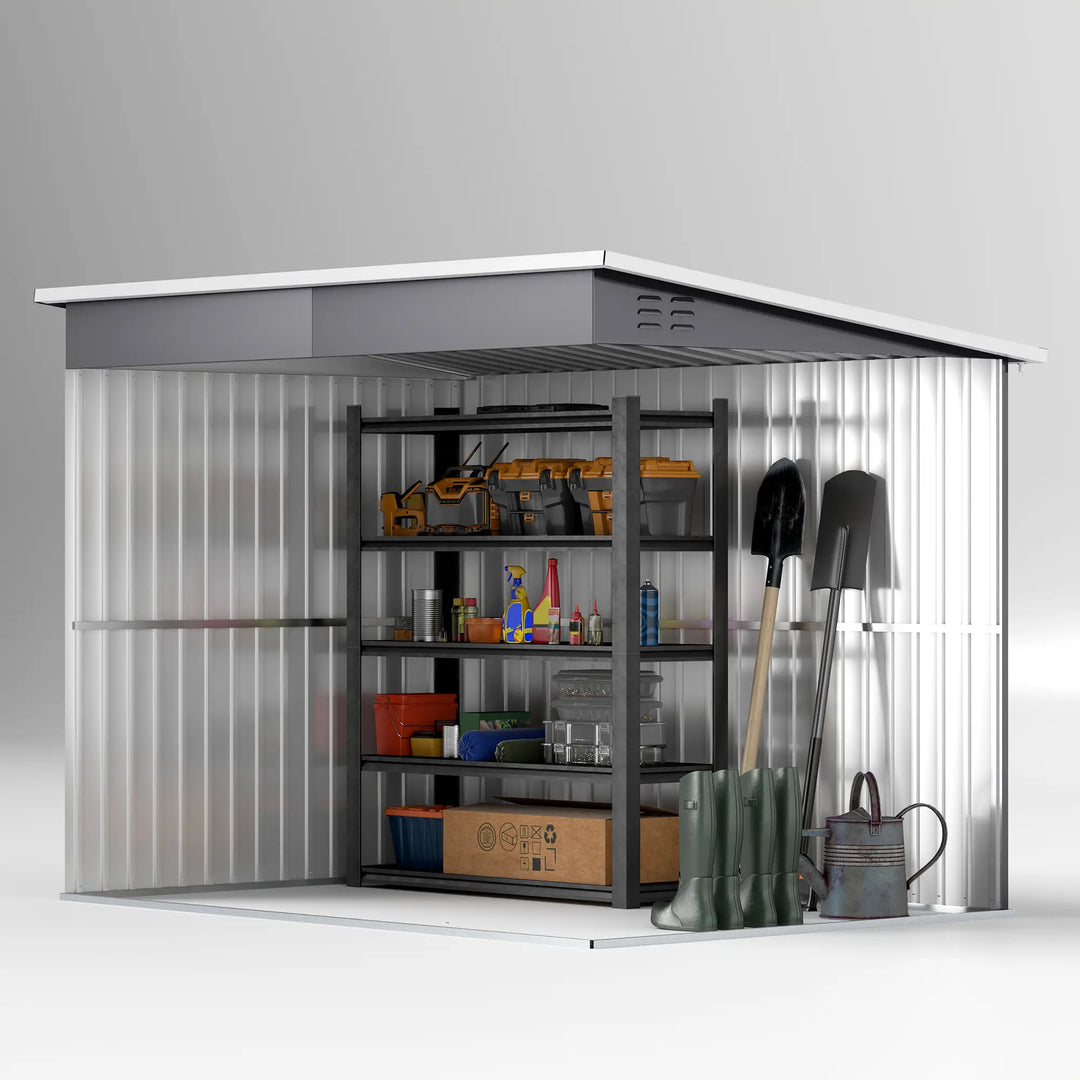 8.5' x 6' Galv Steel Metal Outdoor Storage Shed Garden Organizer w Swing Doors, Window - Dark Grey