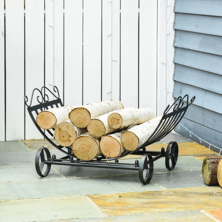 Stylish 23" Firewood Log Rack Curved Fireplace Holder Storage w/ Scrolls Outdoor Indoor - Black