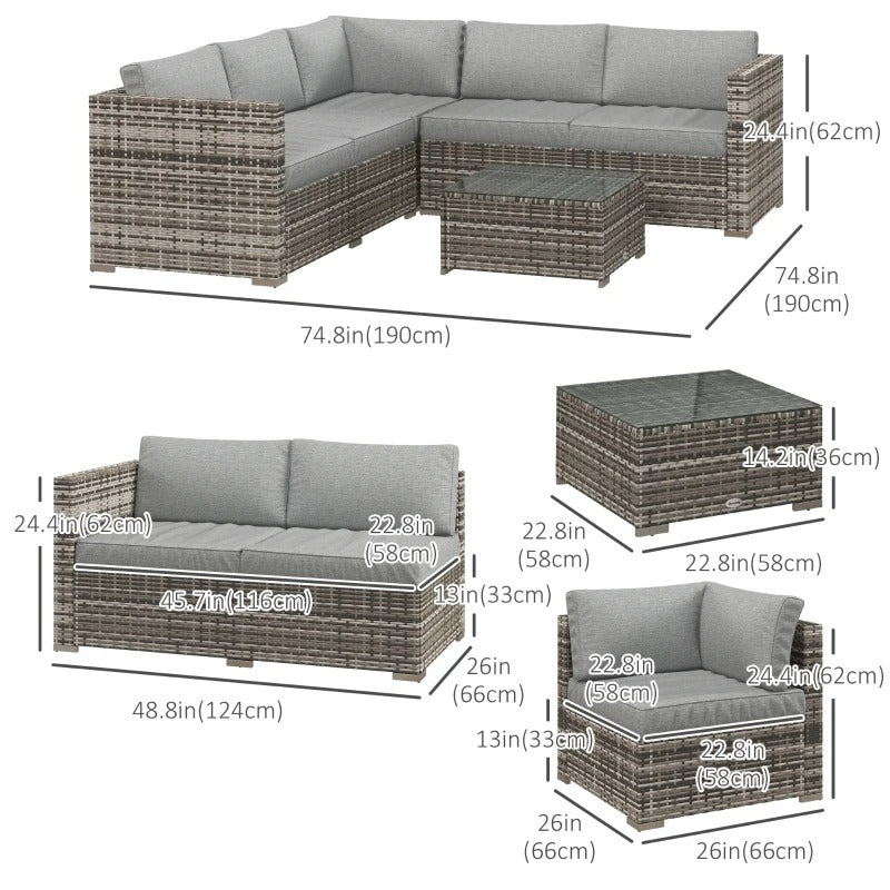 4pc L-Shape PE Rattan Wicker Corner Sectional Patio Furniture Set w/ Cushions, Grey, Linen Look