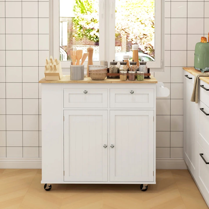 Electric Kitchen Island Cart w Power & USB Port, Drop-leaf Countertop w Wheels, Wood Top, White