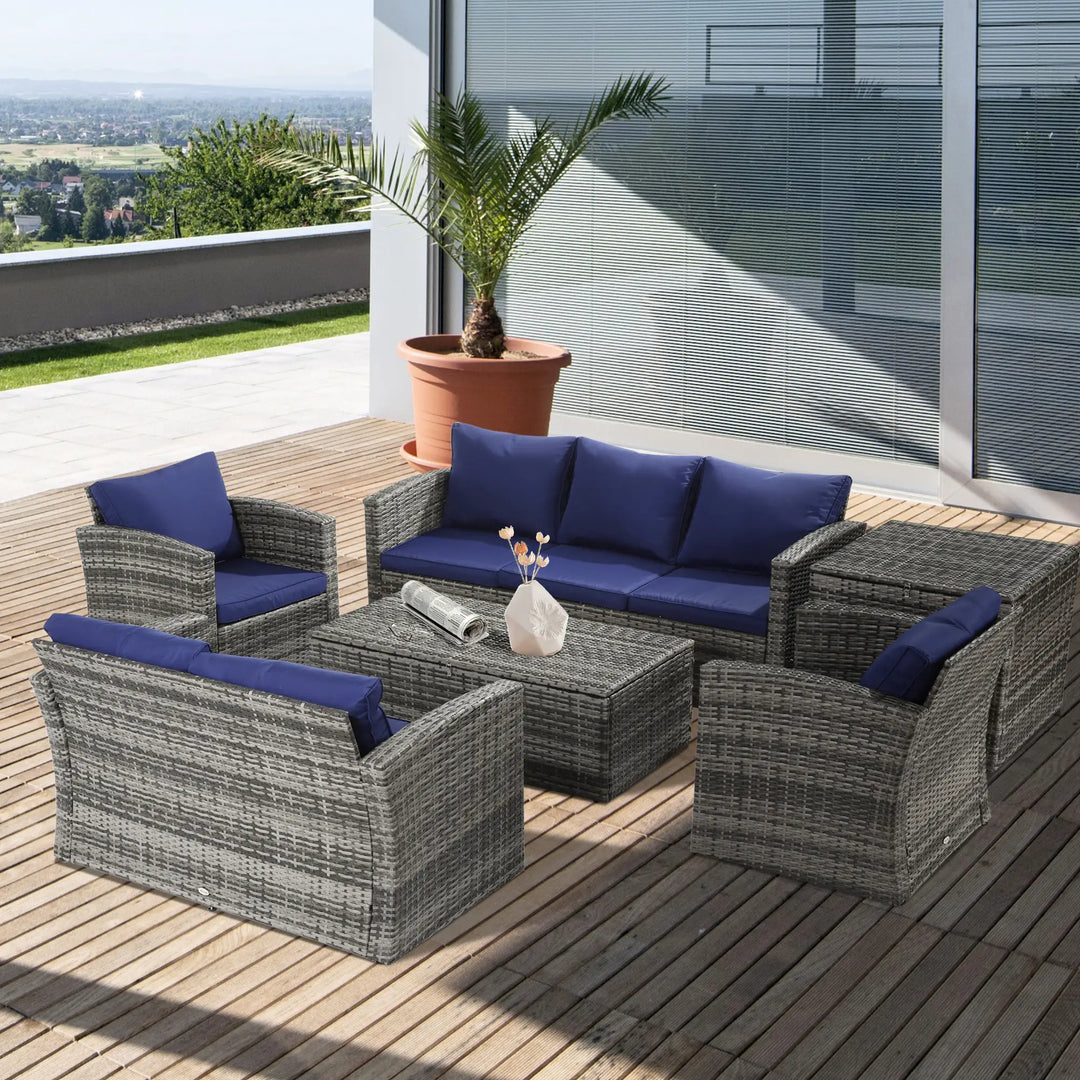 6pc 7-Seat Premium PE Rattan Wicker Conversation Outdoor Patio Set, Cushions Storage, Grey, Dk Blue