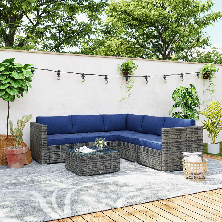 4pc L-Shape PE Rattan Wicker Corner Sectional Outdoor Patio Furniture Set, Cushions, Navy Blue Grey