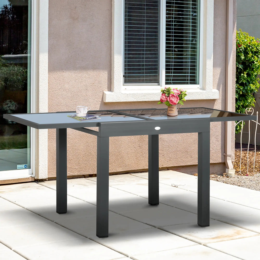 31-63" Extendable Space-Saving Aluminum Outdoor Dining Patio Table w Black Glass Top for 4-6, Black