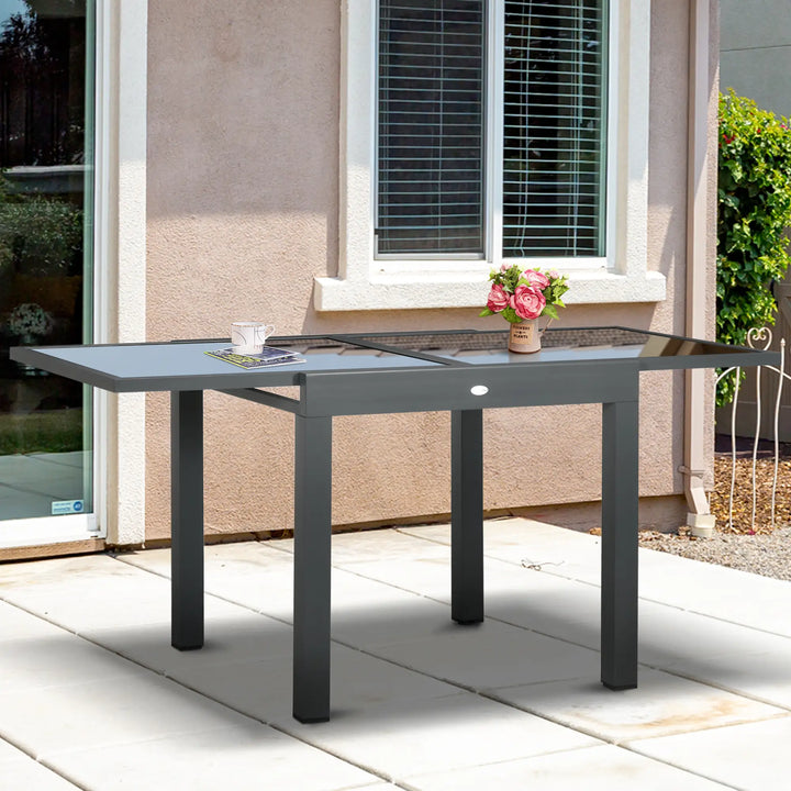31-63" Extendable Space-Saving Aluminum Outdoor Dining Patio Table w Black Glass Top for 4-6, Black