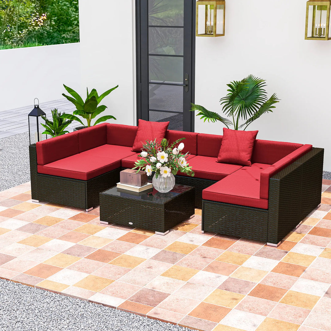 7pc 6-Seat Rattan Wicker Sectional Conversation Sofa Set w Cushions Outdoor Patio, Wine Red, Brown