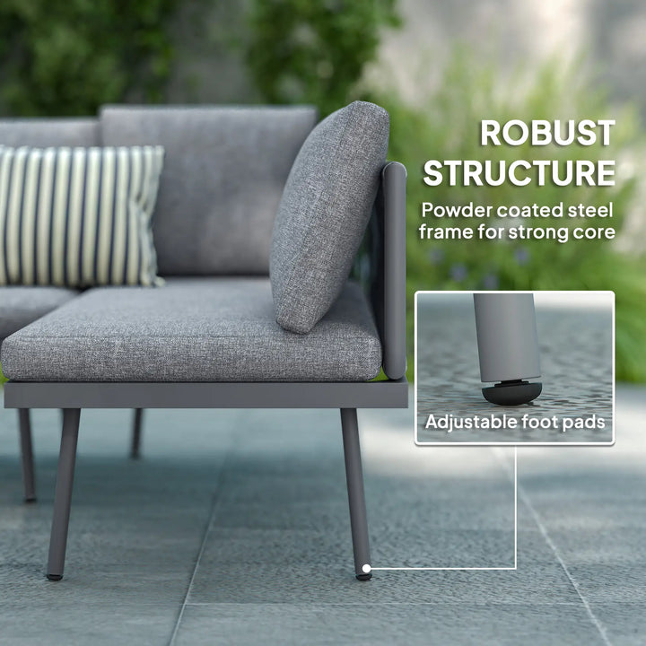 3pc, 4-Seat Steel Wicker L-Shape Sectional Conversation Love Seat Outdoor Patio Set w Table, Grey