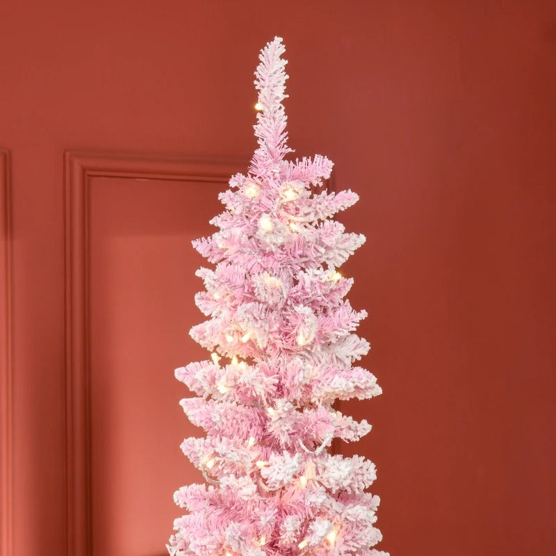 7.5ft 700-Tip Pre-lit Lush Slim Artificial Pencil Christmas Holiday Tree w 350 LED Lights, Pink
