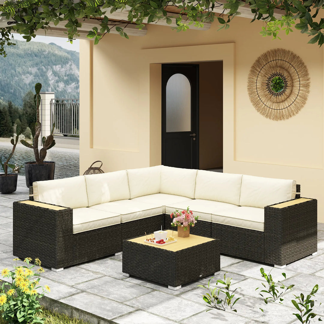 6pc 5-Seat Premium L-Shape PE Rattan Wicker Sectional Conversation Patio Set, Brown, Cream Beige