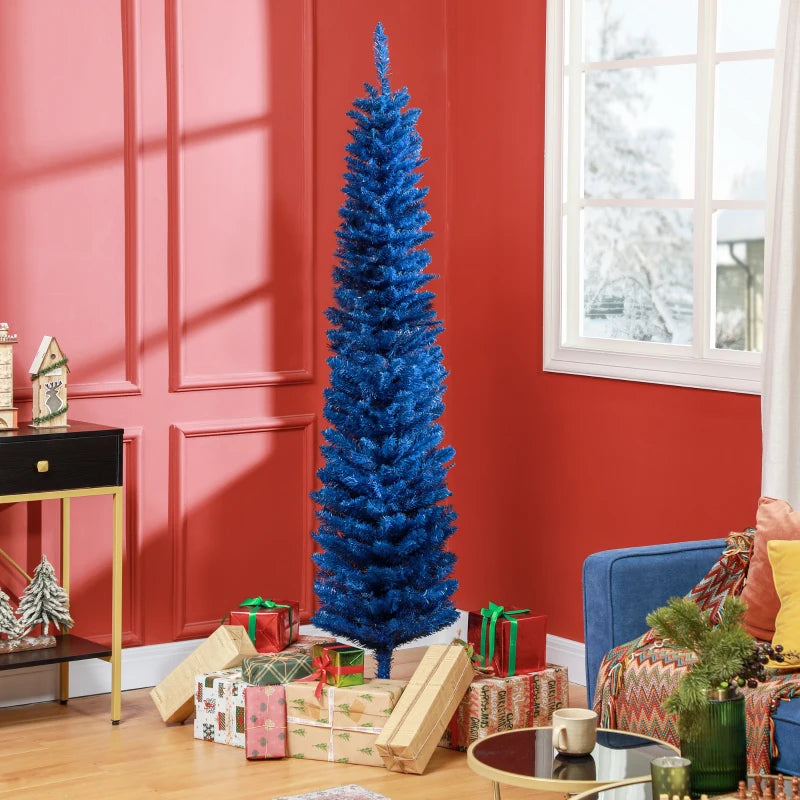 7ft 500-Tip Unlit Slim Pencil Artificial Christmas Holiday Tree w Base, Xmas Decor, Deep Blue