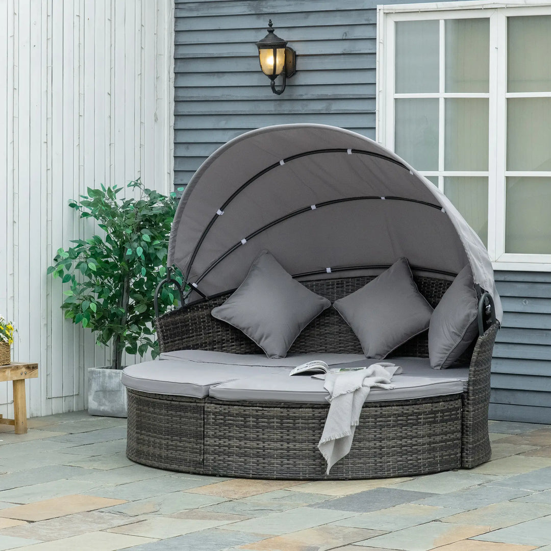 2pc Rattan Wicker Round Canopy Daybed Lounger Outdoor Patio Sofa Plus Bench w Cushions, Mixed Grey
