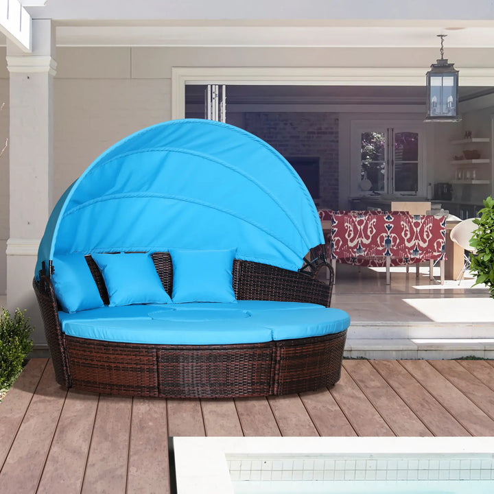 4pc Rattan Wicker Round Canopy Daybed Lounge Outdoor Patio Sofa Set w Cushions, Brown, Aqua Lt Blue
