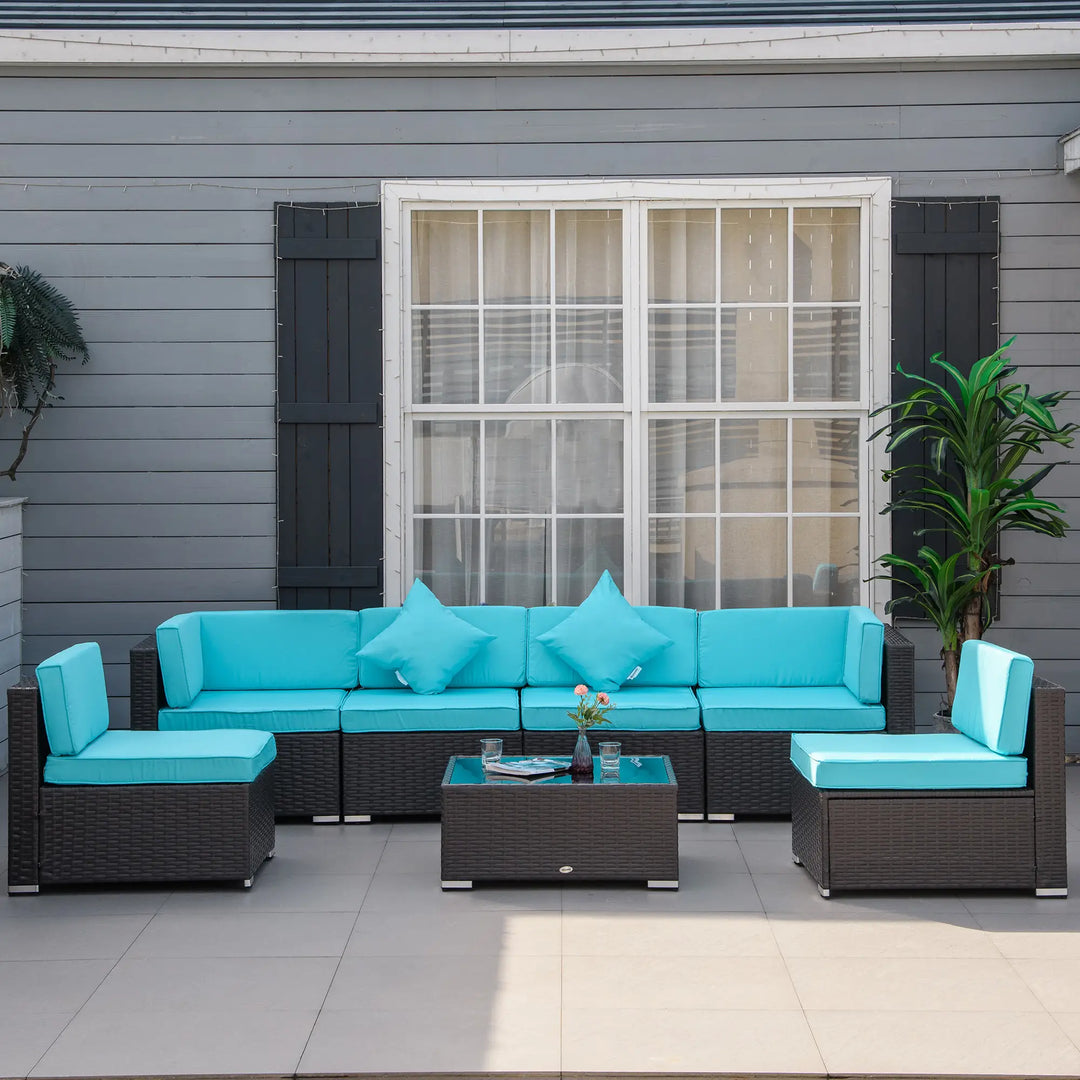 7pc Rattan Wicker Sectional Conversation Furniture Set w Cushions, Outdoor Patio, Aqua Blue, Brown
