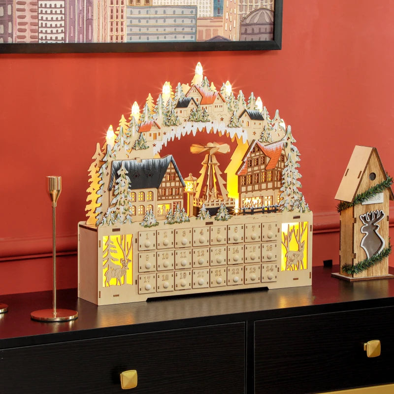 NEW Light-Up Wooden Christmas Advent Countdown Decor w 24 Drawers, Holiday Mountain Winter Village