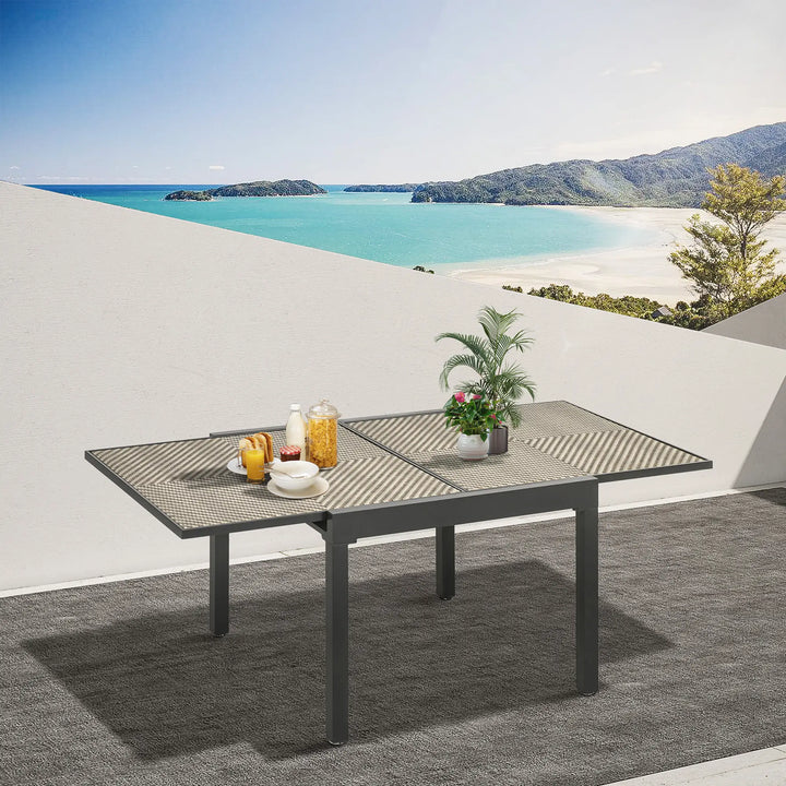 35-71" Extendable Space-Saving Outdoor Dining Patio Table w Rattan Top for 4-8, Grey, Brown, Black