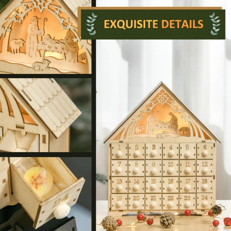 Light-Up Wooden Christmas Advent Calendar w 24 Drawers Holiday Xmas, Bible Nativity Manger Baby