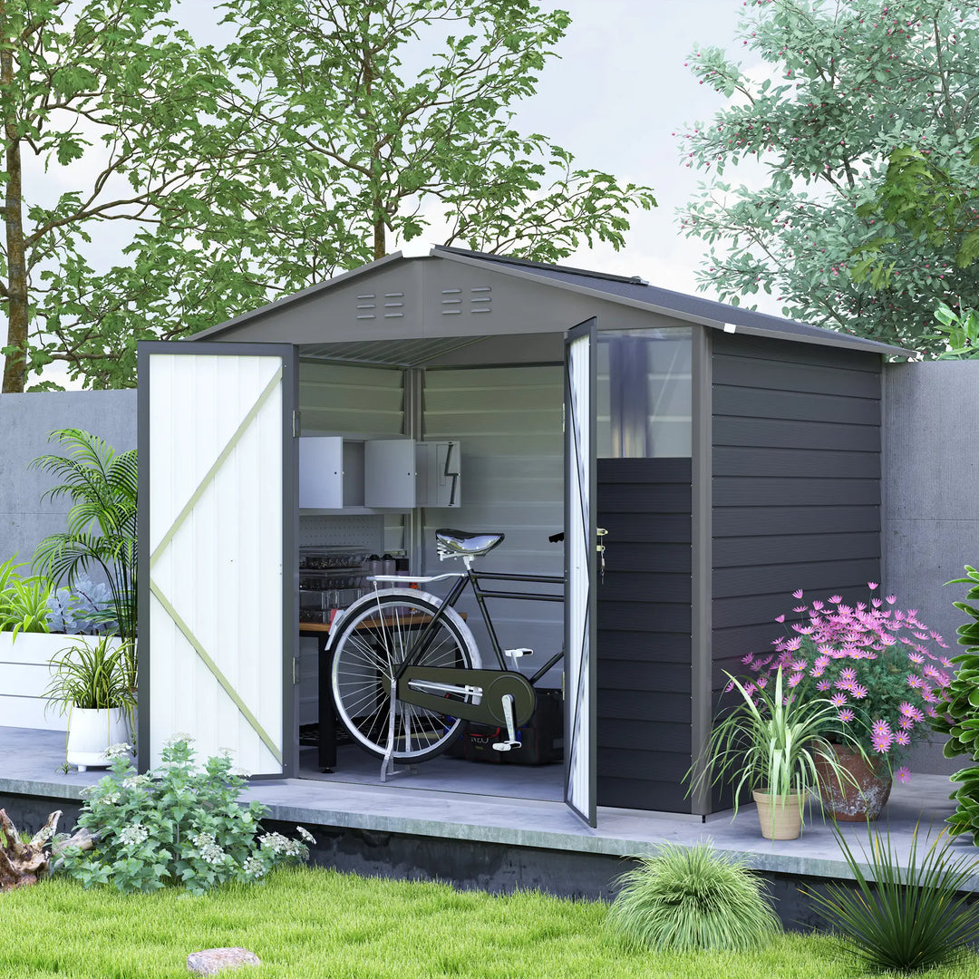 8' x 6' Galv Steel Metal Outdoor Bike Tool Storage Utility Garden Shed, Swing Doors, Windows, Grey