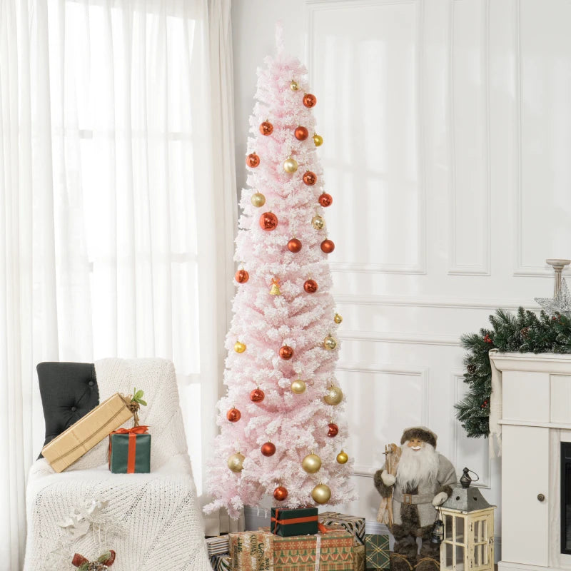 7.5ft 738-Tip Unlit Snow Flocked Slim Artificial Pencil Christmas Holiday Fake Xmas Tree, Pink
