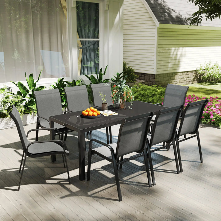 9pc 8-Seat Steel Outdoor Dining Set w Glass Tabletop, 8 Stackable Chairs, Garden Patio, Black, Grey