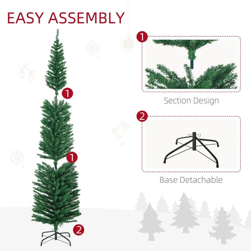 7.5ft Pre-lit Ultra Slim Pencil Faux Christmas Holiday Tree w 200 Multicolour LED Lights, Green
