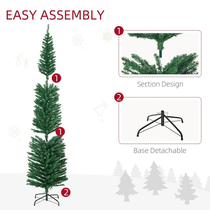 7.5ft Pre-lit Ultra Slim Pencil Faux Christmas Holiday Tree w 200 Multicolour LED Lights, Green