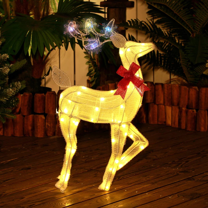 2ft Cute Outdoor Holiday Christmas Light-Up Lawn Decoration Steel, 61 Lights, White Reindeer