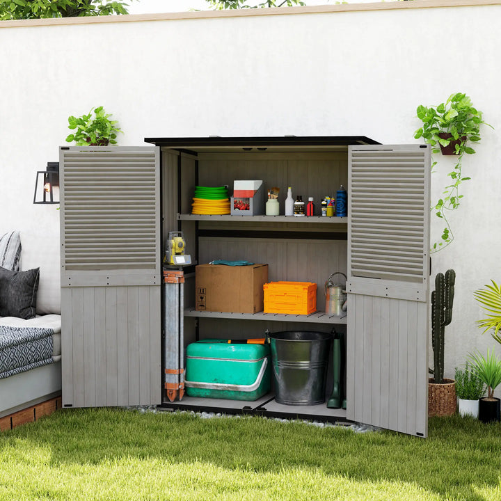 55"L x 29"W x 63"H Outdoor Storage Shed Cabinet w Shelves, Asphalt Roof, 2 Doors, Fir Wood, Grey