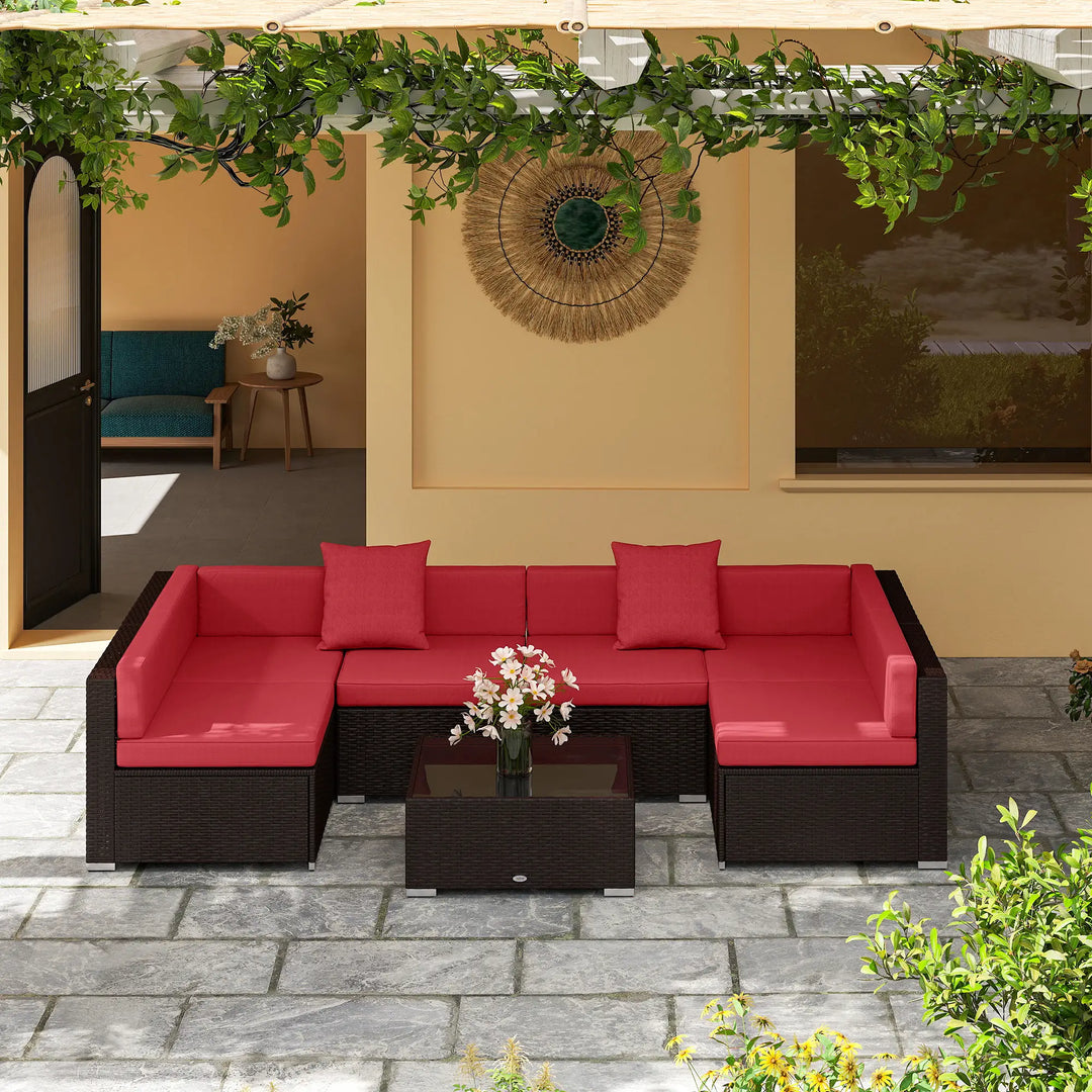 7pc 6-Seat Rattan Wicker Sectional Conversation Sofa Set w Cushions Outdoor Patio, Wine Red, Brown