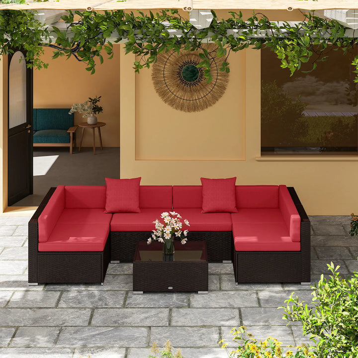 7pc 6-Seat Rattan Wicker Sectional Conversation Sofa Set w Cushions Outdoor Patio, Wine Red, Brown
