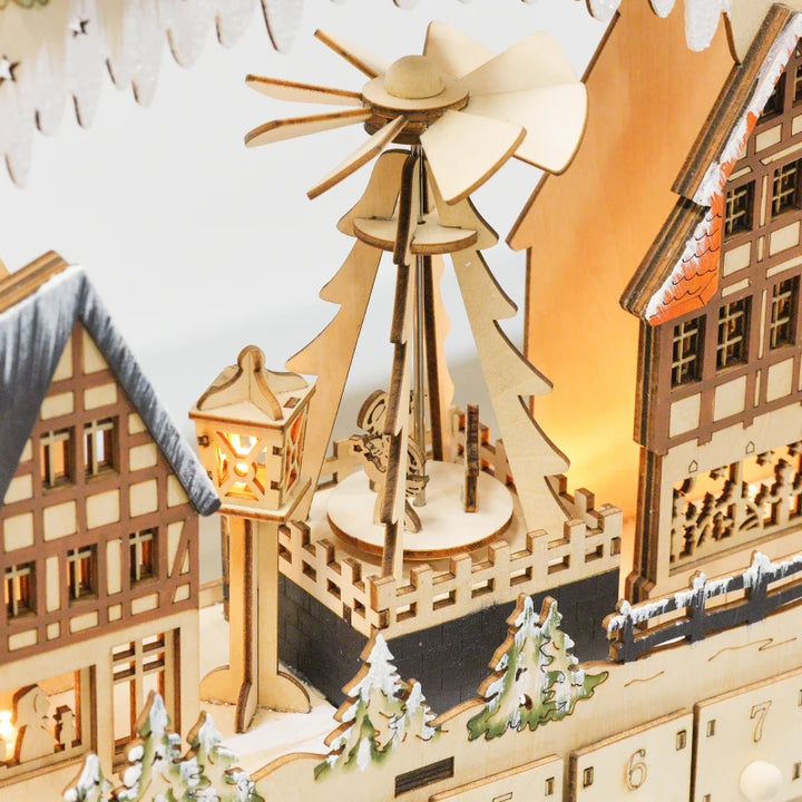 NEW Light-Up Wooden Christmas Advent Countdown Decor w 24 Drawers, Holiday Mountain Winter Village