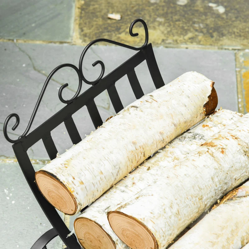 Stylish 23" Firewood Log Rack Curved Fireplace Holder Storage w/ Scrolls Outdoor Indoor - Black